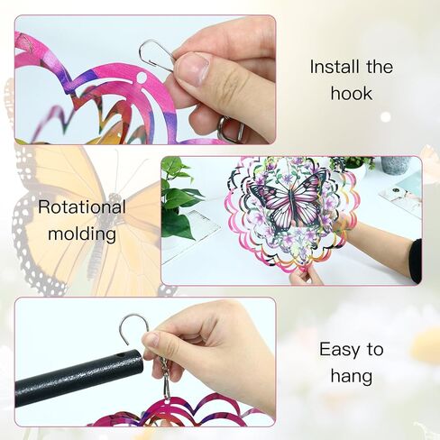 12 inch 3D Butterfly Garden Wind Spinners Unique Birthday Gifts for Women Hanging Wind Metal Sculptures Butterfly Garden Decoration Wind Sculptures for Lawn Yard Outdoor (Pink) in Kuwait