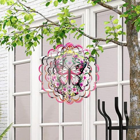 12 inch 3D Butterfly Garden Wind Spinners Unique Birthday Gifts for Women Hanging Wind Metal Sculptures Butterfly Garden Decoration Wind Sculptures for Lawn Yard Outdoor (Pink) in Kuwait