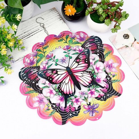 12 inch 3D Butterfly Garden Wind Spinners Unique Birthday Gifts for Women Hanging Wind Metal Sculptures Butterfly Garden Decoration Wind Sculptures for Lawn Yard Outdoor (Pink) in Kuwait