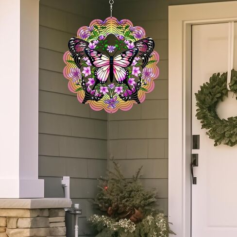 12 inch 3D Butterfly Garden Wind Spinners Unique Birthday Gifts for Women Hanging Wind Metal Sculptures Butterfly Garden Decoration Wind Sculptures for Lawn Yard Outdoor (Pink) in Kuwait