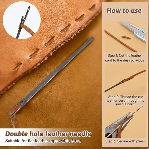 2 Pcs Metal Hole Leather Rope Woven Needles, Sewing Leather Needles, Single Prong Lacing Needle, Leather-Sewing Needle, Manual Lacing Threading Prong Steel-Needle for Leathering Craft (2 Styles) in Kuwait