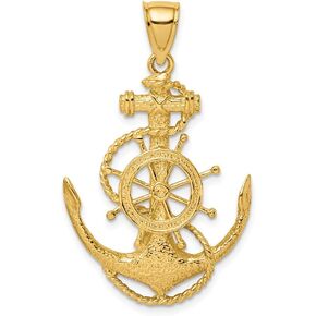 Solid 14k Yellow Gold 2-D ANCHOR and WHEEL Charm Pendant - 38mm x 24mm