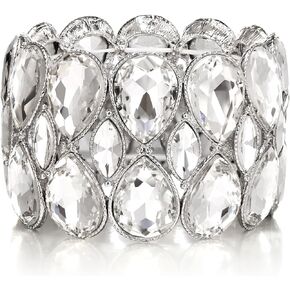 BriLove Wedding Bridal Stunning Crystal Double Row Water Drop Marquise Cluster Stretch Bangle Bracelet for Women Bride