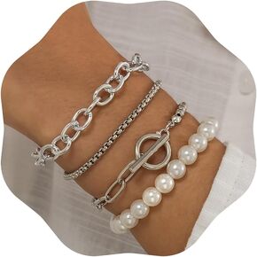 Octwine Boho Dainty Silver Stacking Bangles Stackable Pearl Bracelet Set Chunky Layered O T Clasp Bracelet Chain Jewelry for Women and Girls （4 pcs）