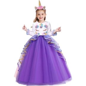 Girls Princess Tulle Dress Unicorn Outfit Long Sleeve Birthday Party Wedding Christmas Halloween Costume w/Headband