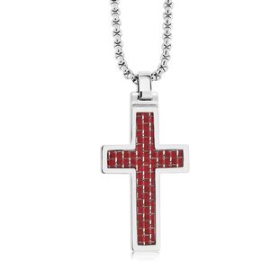 RED CARBON FIBER TUNGSTEN CARBIDE CROSS PENDANT ON 3MM STAINLESS STEEL BOX CHAIN NECKLACE