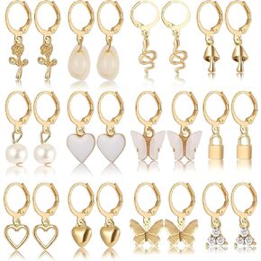 12 Pairs Heart & Butterfly Pendant Earrings - Faux Pearl & Snake Design - Retro Gold Alloy Jewelry Set for Trendy Female Gift