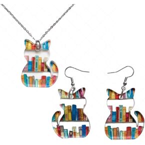 Cat Earrings Necklace With Books Cat and Book Jewelry Cat Lover Gifts Book Lover Gifts for Women Girls