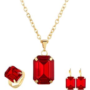 HSQYJ Fashion Color Crystal Jewelry Set Geometry Rectangle Pendant Rhinestone Necklace Rings and Drop Earrings for Women Ladies Gifts Gold Plated
