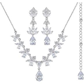 SWEETV Bridal Wedding Jewelry Sets for Women, Teardrop Cubic Zirconia Necklace Earrings Wedding Jewelry Set for Bride Bridesmaids