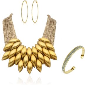 Chunky Layered Tassel Choker Jewelry Sets for Women Girls,African Bib Tribal Collar Necklace,Huggie Hoop Circle Earrings and Shiny Cubic Zirconia Bracelet,3pcs Statement Fashion Trendy Jewelry Gifts
