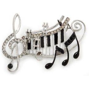 Avalaya Black, White Enamel, Austrian Crystal Musical Notes Brooch in Silver Tone - 65mm L
