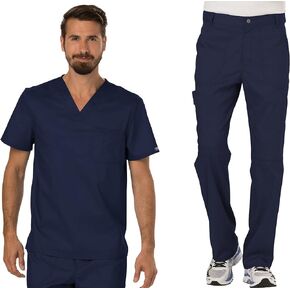Cherokee Men Scrubs Set Workwear Revolution WW690 Tuckable V-Neck Top & WW140 Fly Front Pant, Navy- M Top/M Pant