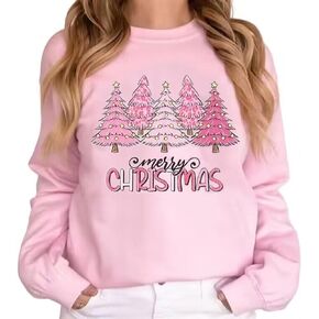 VKEGNIO Merry Christmas Sweatshirt For Women Plaid Pink Christmas Tree Cute Blouse Xmas Farm Holiday Pullover Tops