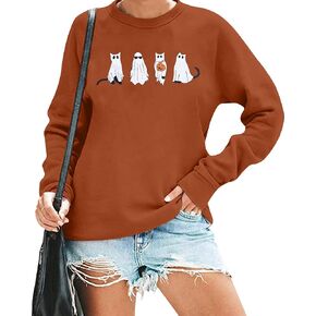 MNLYBABY Halloween Cat Sweatshirt Women Funny Cat Ghost Graphic Shirt Gifts Spooky Long Sleeve Crewneck Shirt Tops