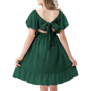 فستان صيفي للفتيات من URMAGIC برباط خلفي منقط سويسري بأكمام قصيرة على شكل حرف a للشاطئ فستان صيفي للحفلات للفتيات من سن 6 إلى 12 سنة in Kuwait