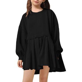 Batermoon Girls Pleated Sweatshirt Dresses Kids Fashion Long Sleeve Crew Neck Mini Dress 5-14 Years