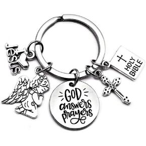 Kit's Kiss Christian Gift Religious Keychain Jesus Keychain I Love Jesus Cross Holy Bible Angel Prayer Charm God Answers Prayers Keyring,Silver,KG01