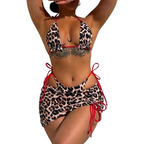 SHENHE Women's 3 Piece Swimsuits Leopard Halter Triangle Tie Side Bikini with Beach Skirt