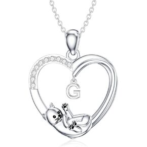 LONAGO Cat Heart Necklace with Initial Silver Cat Initial Necklace 26 Alphabets Cat Jewelry Gift for Women Girls