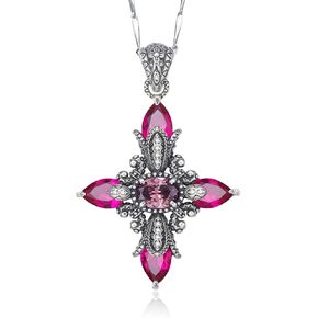 Merthus Vintage 925 Sterling Silver Synthetic Amethyst Dainty Cross Necklace for Women 18 Inch Chain