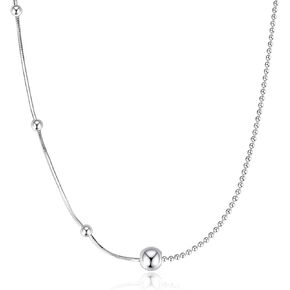 CISHOP Sterling Silver Station Necklace Bead Chain Necklace Silver ball Pendant Necklace Snake Chain Necklace Adjustable BTY Necklace for Women Teen Men