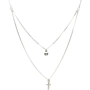 Sterling Silver One-to-two Strand Tiny Cross Heart Charm Box Chain Necklace Italy 16"+2" Extender