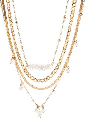 COSTWAY مجموعة طبقات الذهب القلائد للنساء قابل للتعديل طبقات سلسلة مطلية بالذهب القلائد مجموعة للفتيات الموضة العصرية قلادة مجوهرات عيد الحب in Kuwait