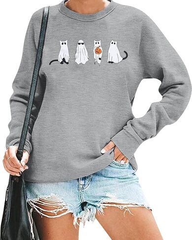 MNLYBABY Halloween Cat Sweatshirt Women Funny Cat Ghost Graphic Shirt Gifts Spooky Long Sleeve Crewneck Shirt Tops in Kuwait