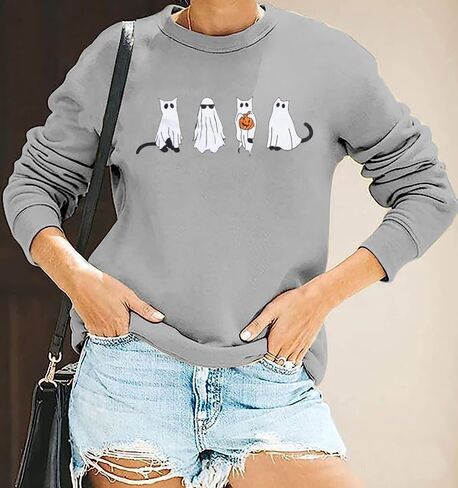 MNLYBABY Halloween Cat Sweatshirt Women Funny Cat Ghost Graphic Shirt Gifts Spooky Long Sleeve Crewneck Shirt Tops in Kuwait