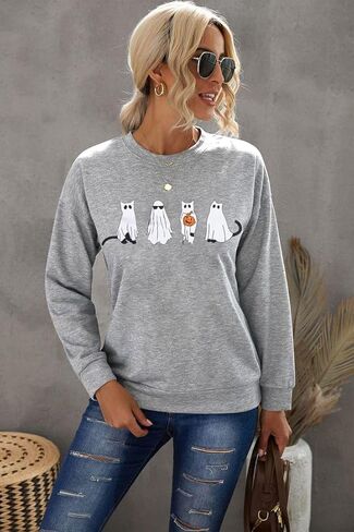 MNLYBABY Halloween Cat Sweatshirt Women Funny Cat Ghost Graphic Shirt Gifts Spooky Long Sleeve Crewneck Shirt Tops in Kuwait