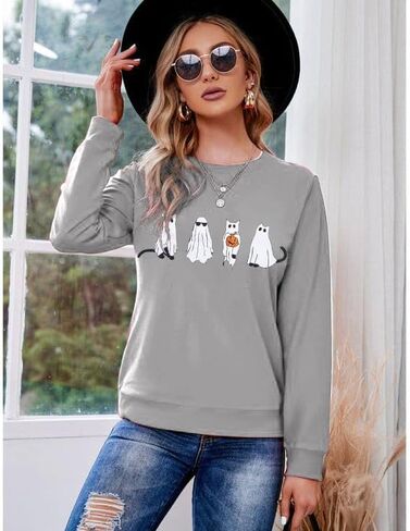 MNLYBABY Halloween Cat Sweatshirt Women Funny Cat Ghost Graphic Shirt Gifts Spooky Long Sleeve Crewneck Shirt Tops in Kuwait