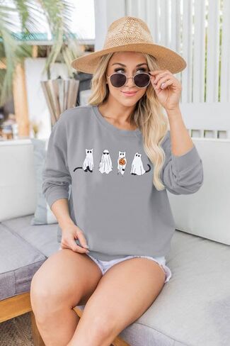MNLYBABY Halloween Cat Sweatshirt Women Funny Cat Ghost Graphic Shirt Gifts Spooky Long Sleeve Crewneck Shirt Tops in Kuwait
