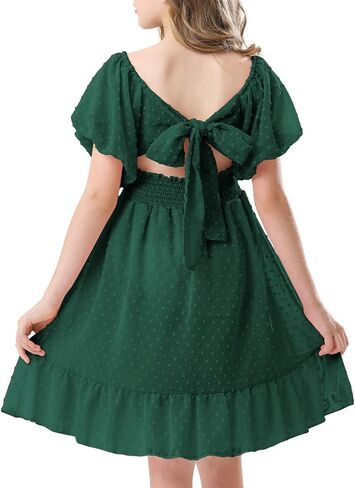 فستان صيفي للفتيات من URMAGIC برباط خلفي منقط سويسري بأكمام قصيرة على شكل حرف a للشاطئ فستان صيفي للحفلات للفتيات من سن 6 إلى 12 سنة in Kuwait