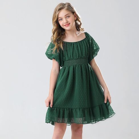 فستان صيفي للفتيات من URMAGIC برباط خلفي منقط سويسري بأكمام قصيرة على شكل حرف a للشاطئ فستان صيفي للحفلات للفتيات من سن 6 إلى 12 سنة in Kuwait