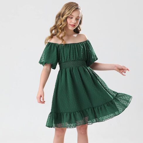 فستان صيفي للفتيات من URMAGIC برباط خلفي منقط سويسري بأكمام قصيرة على شكل حرف a للشاطئ فستان صيفي للحفلات للفتيات من سن 6 إلى 12 سنة in Kuwait