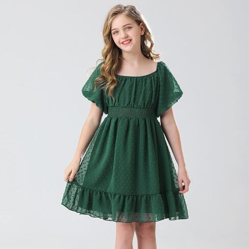 فستان صيفي للفتيات من URMAGIC برباط خلفي منقط سويسري بأكمام قصيرة على شكل حرف a للشاطئ فستان صيفي للحفلات للفتيات من سن 6 إلى 12 سنة in Kuwait