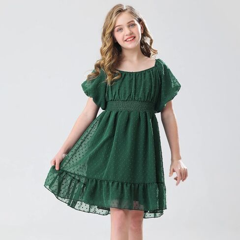 فستان صيفي للفتيات من URMAGIC برباط خلفي منقط سويسري بأكمام قصيرة على شكل حرف a للشاطئ فستان صيفي للحفلات للفتيات من سن 6 إلى 12 سنة in Kuwait