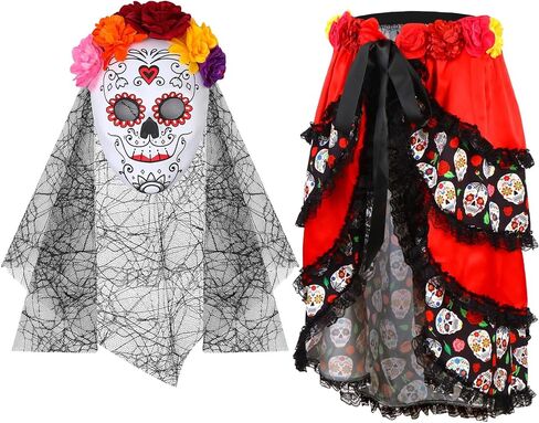 Vabean 2 قطعة عيد الهالوين من ربطة العنق على الصخب والسكر الجمجمة الدانتيل زهرة قناع المكسيكي أزياء الحفلات للنساء الفتيات in Kuwait