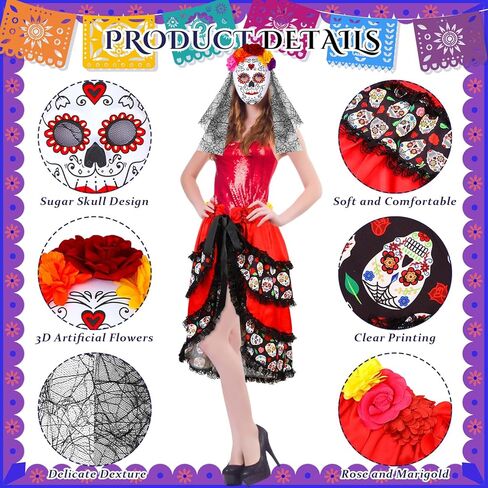 Vabean 2 قطعة عيد الهالوين من ربطة العنق على الصخب والسكر الجمجمة الدانتيل زهرة قناع المكسيكي أزياء الحفلات للنساء الفتيات in Kuwait