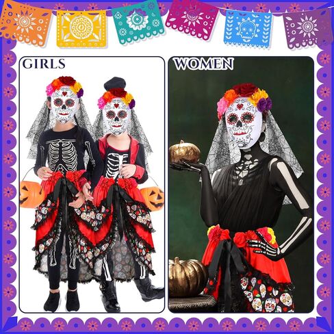 Vabean 2 قطعة عيد الهالوين من ربطة العنق على الصخب والسكر الجمجمة الدانتيل زهرة قناع المكسيكي أزياء الحفلات للنساء الفتيات in Kuwait