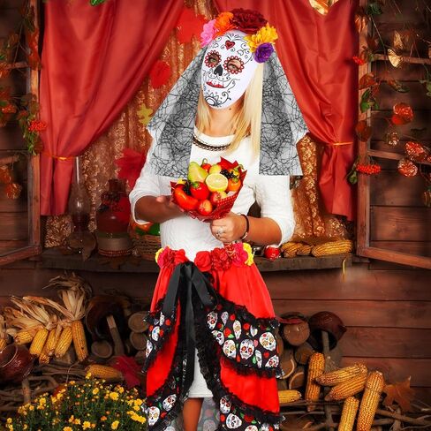 Vabean 2 قطعة عيد الهالوين من ربطة العنق على الصخب والسكر الجمجمة الدانتيل زهرة قناع المكسيكي أزياء الحفلات للنساء الفتيات in Kuwait