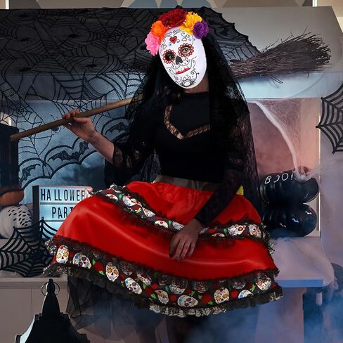 Vabean 2 قطعة عيد الهالوين من ربطة العنق على الصخب والسكر الجمجمة الدانتيل زهرة قناع المكسيكي أزياء الحفلات للنساء الفتيات in Kuwait