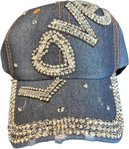 Womens Girly Fashionable Denim Studded Crystal Bling Love Themed Heart Sparkle Rhinestones Adjustable Baseball Cap Hat, Denim, One size in Kuwait