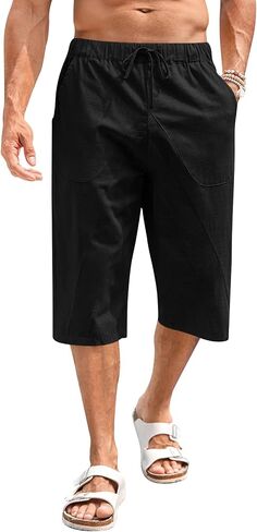 Fommykin Men's Cotton Linen Capri Pants Baggy Harem Drawstring Yoga Beach Pants with Pockets in Kuwait