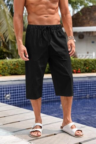Fommykin Men's Cotton Linen Capri Pants Baggy Harem Drawstring Yoga Beach Pants with Pockets in Kuwait