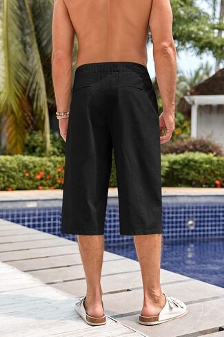 Fommykin Men's Cotton Linen Capri Pants Baggy Harem Drawstring Yoga Beach Pants with Pockets in Kuwait