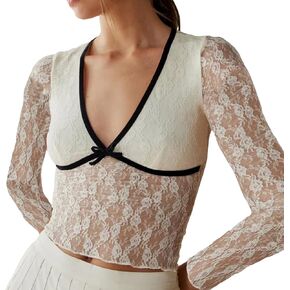 Women Y2k Lace Long Sleeve Crop Tops Sexy Floral Embroidery Sheer Mesh Shirts See Through Slim Fit Blouse