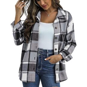 Traleubie Women's Flannel Jacket Plaid Shacket Lapel Button Down Long Sleeve Shirt Color Block Casual Coat
