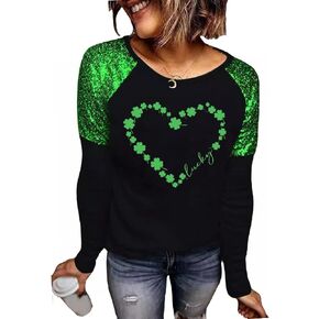St. Patrick's Day T-Shirt Womens Funny Shamrock Printed Sequined Splicing Sleeve Casual Lucky Clover Heart Graphic Tee Tops